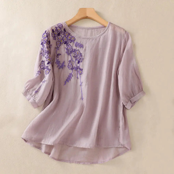 Buddha Stones Retro Embroidery Floral Pattern Short Sleeve Crew Neck Women’s Shirt - Plum / US4，UK/AU8，EU36 (L)