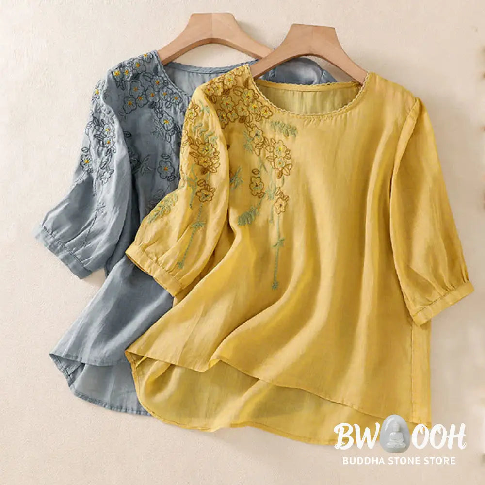 Buddha Stones Retro Embroidery Floral Pattern Short Sleeve Crew Neck Women’s Shirt - Women’s T-Shirts
