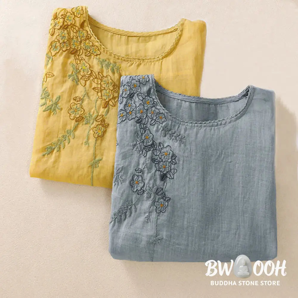 Buddha Stones Retro Embroidery Floral Pattern Short Sleeve Crew Neck Women’s Shirt - Women’s T-Shirts
