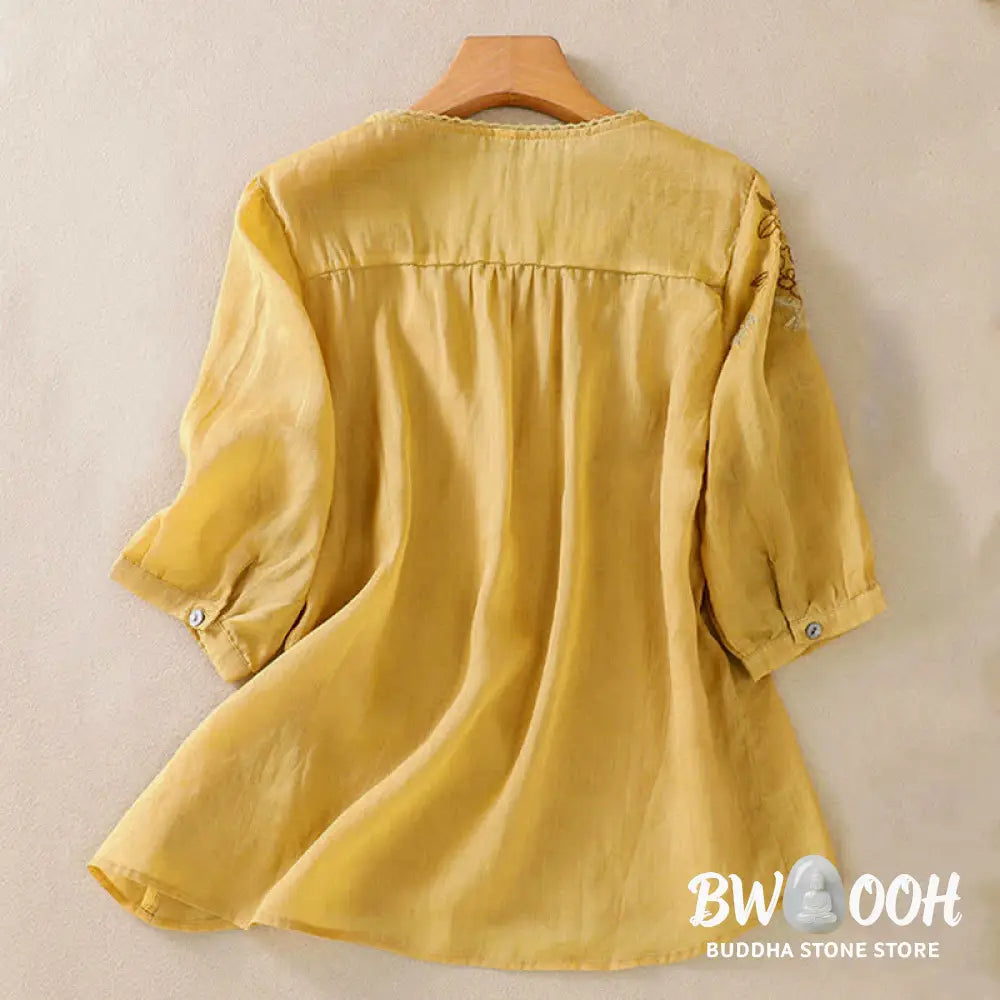 Buddha Stones Retro Embroidery Floral Pattern Short Sleeve Crew Neck Women’s Shirt - Women’s T-Shirts