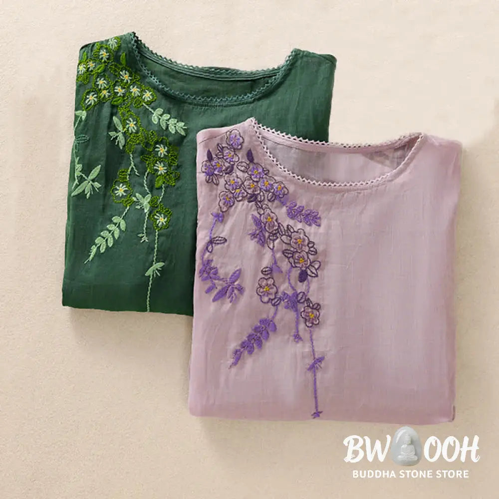 Buddha Stones Retro Embroidery Floral Pattern Short Sleeve Crew Neck Women’s Shirt - Women’s T-Shirts