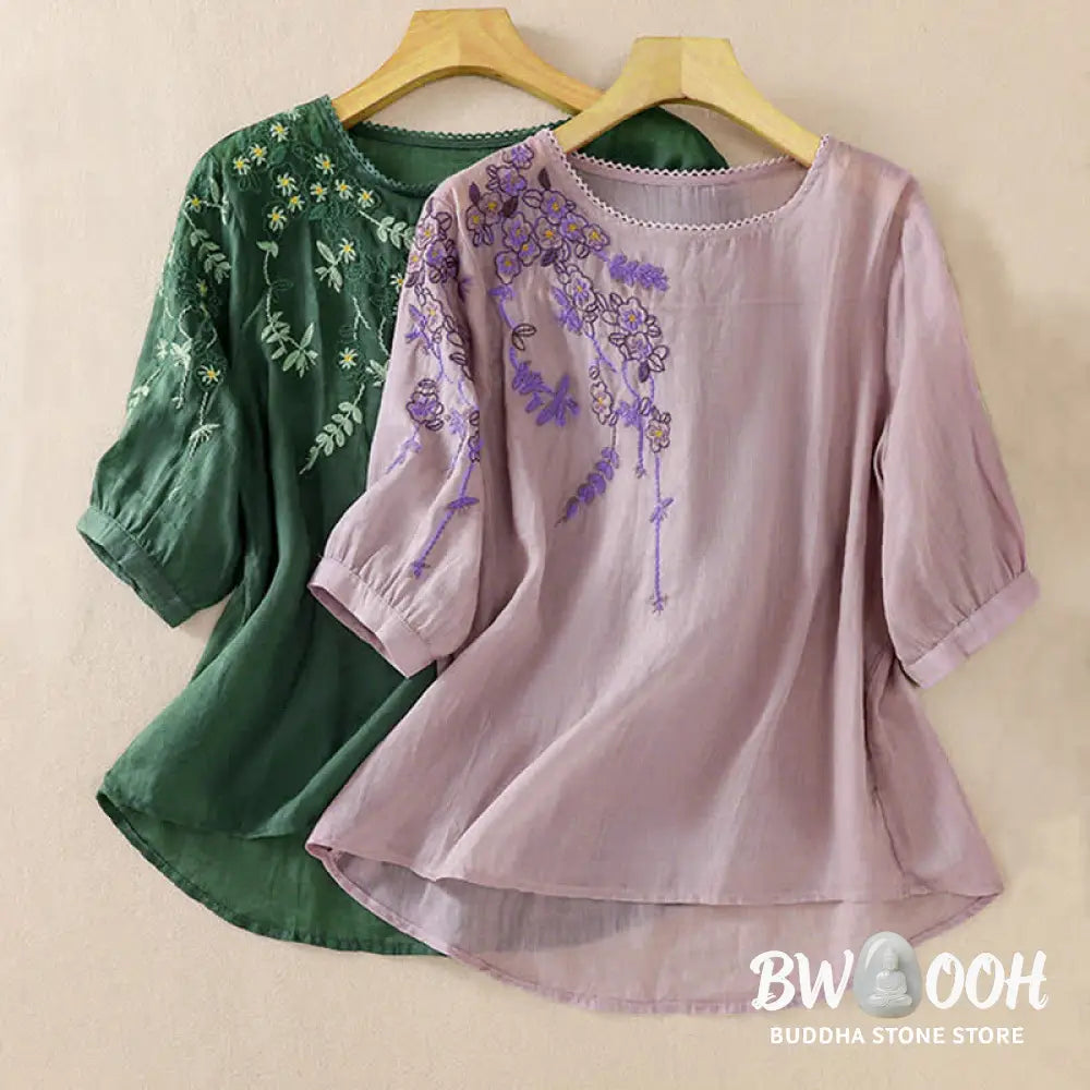 Buddha Stones Retro Embroidery Floral Pattern Short Sleeve Crew Neck Women’s Shirt - Women’s T-Shirts