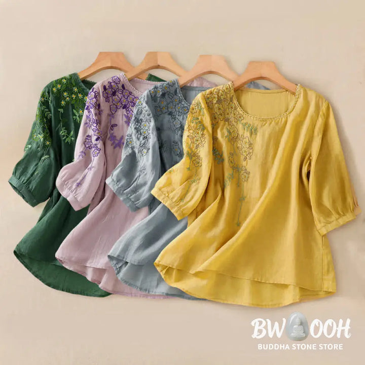 Buddha Stones Retro Embroidery Floral Pattern Short Sleeve Crew Neck Women’s Shirt - Women’s T-Shirts