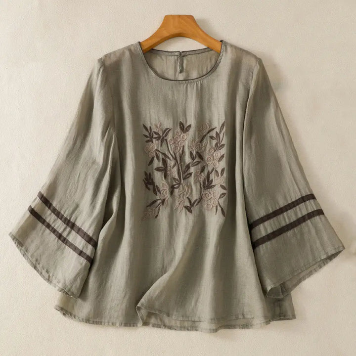 Buddha Stones Retro Embroidery Floral Three Quarter Sleeve Women’s Cotton T-Shirt - DarkSeaGreen / US6，UK/AU10，EU38 (M)