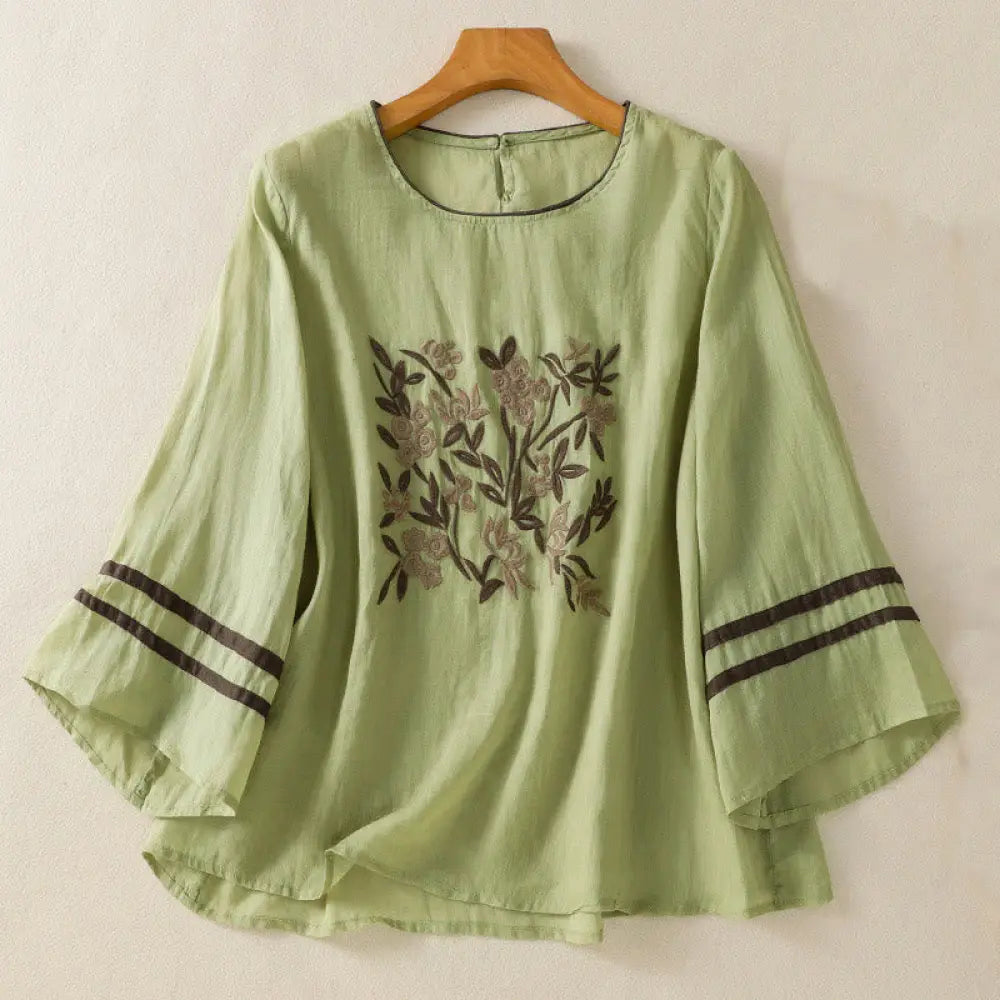 Buddha Stones Retro Embroidery Floral Three Quarter Sleeve Women’s Cotton T-Shirt - LightGreen / US6，UK/AU10，EU38 (M)