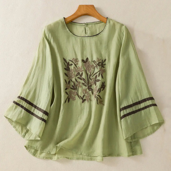 Buddha Stones Retro Embroidery Floral Three Quarter Sleeve Women’s Cotton T-Shirt - LightGreen / US6，UK/AU10，EU38 (M)
