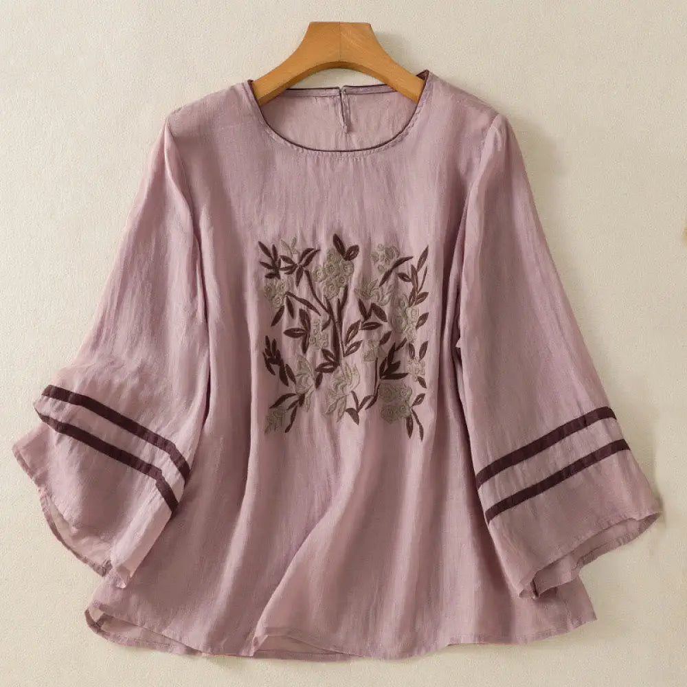 Buddha Stones Retro Embroidery Floral Three Quarter Sleeve Women’s Cotton T-Shirt - RosyBrown / US6，UK/AU10，EU38 (M)