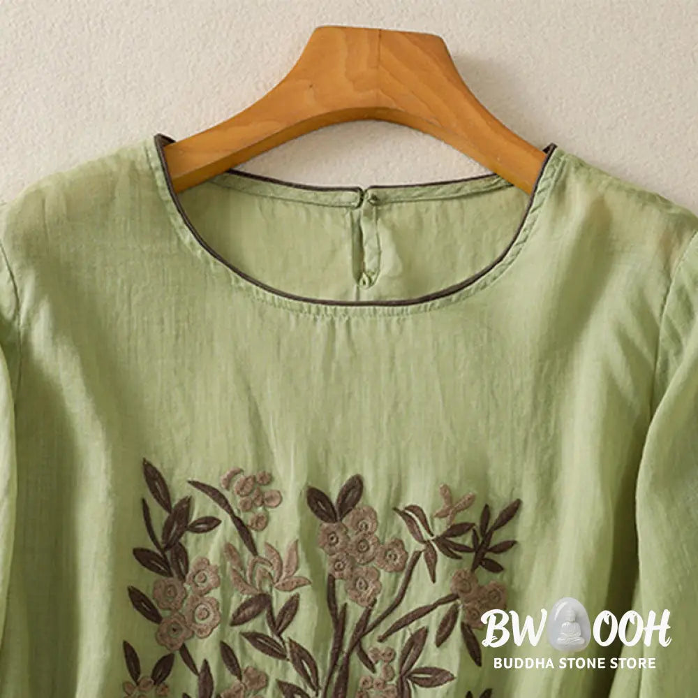 Buddha Stones Retro Embroidery Floral Three Quarter Sleeve Women’s Cotton T-Shirt - Women’s T-Shirts