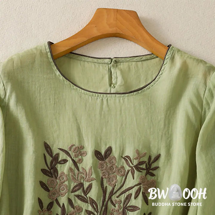 Buddha Stones Retro Embroidery Floral Three Quarter Sleeve Women’s Cotton T-Shirt - Women’s T-Shirts