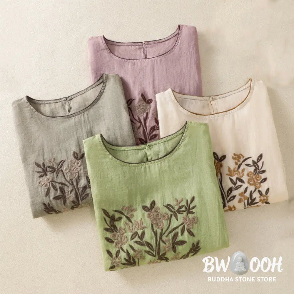 Buddha Stones Retro Embroidery Floral Three Quarter Sleeve Women’s Cotton T-Shirt - Women’s T-Shirts