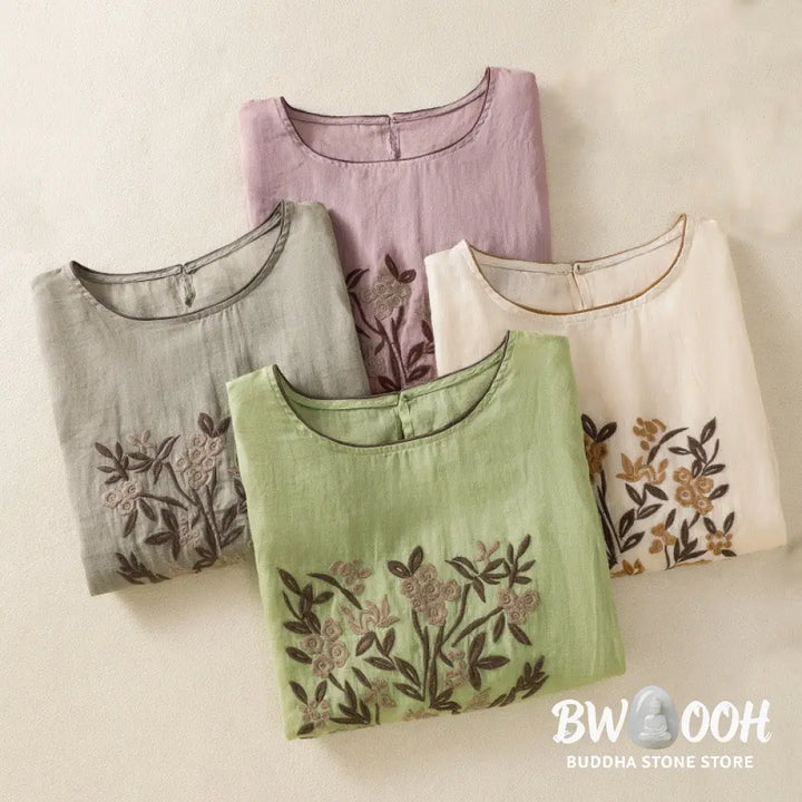 Buddha Stones Retro Embroidery Floral Three Quarter Sleeve Women’s Cotton T-Shirt - Women’s T-Shirts