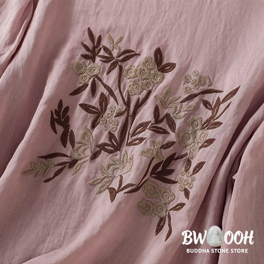 Buddha Stones Retro Embroidery Floral Three Quarter Sleeve Women’s Cotton T-Shirt - Women’s T-Shirts