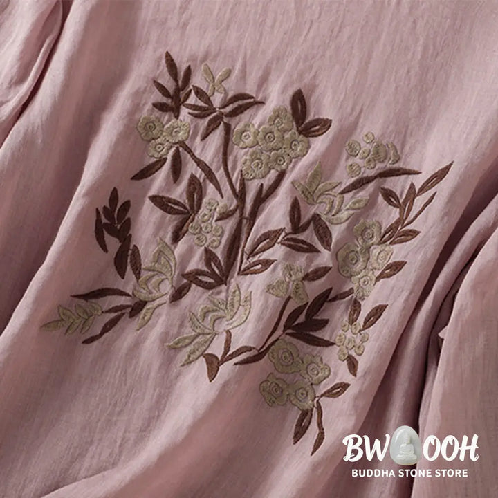 Buddha Stones Retro Embroidery Floral Three Quarter Sleeve Women’s Cotton T-Shirt - Women’s T-Shirts