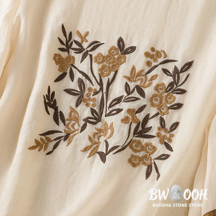 Buddha Stones Retro Embroidery Floral Three Quarter Sleeve Women’s Cotton T-Shirt - Women’s T-Shirts