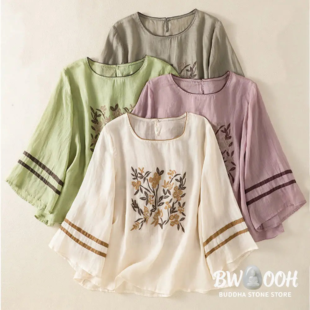 Buddha Stones Retro Embroidery Floral Three Quarter Sleeve Women’s Cotton T-Shirt - Women’s T-Shirts