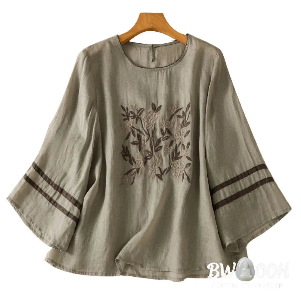Buddha Stones Retro Embroidery Floral Three Quarter Sleeve Women’s Cotton T-Shirt - Women’s T-Shirts