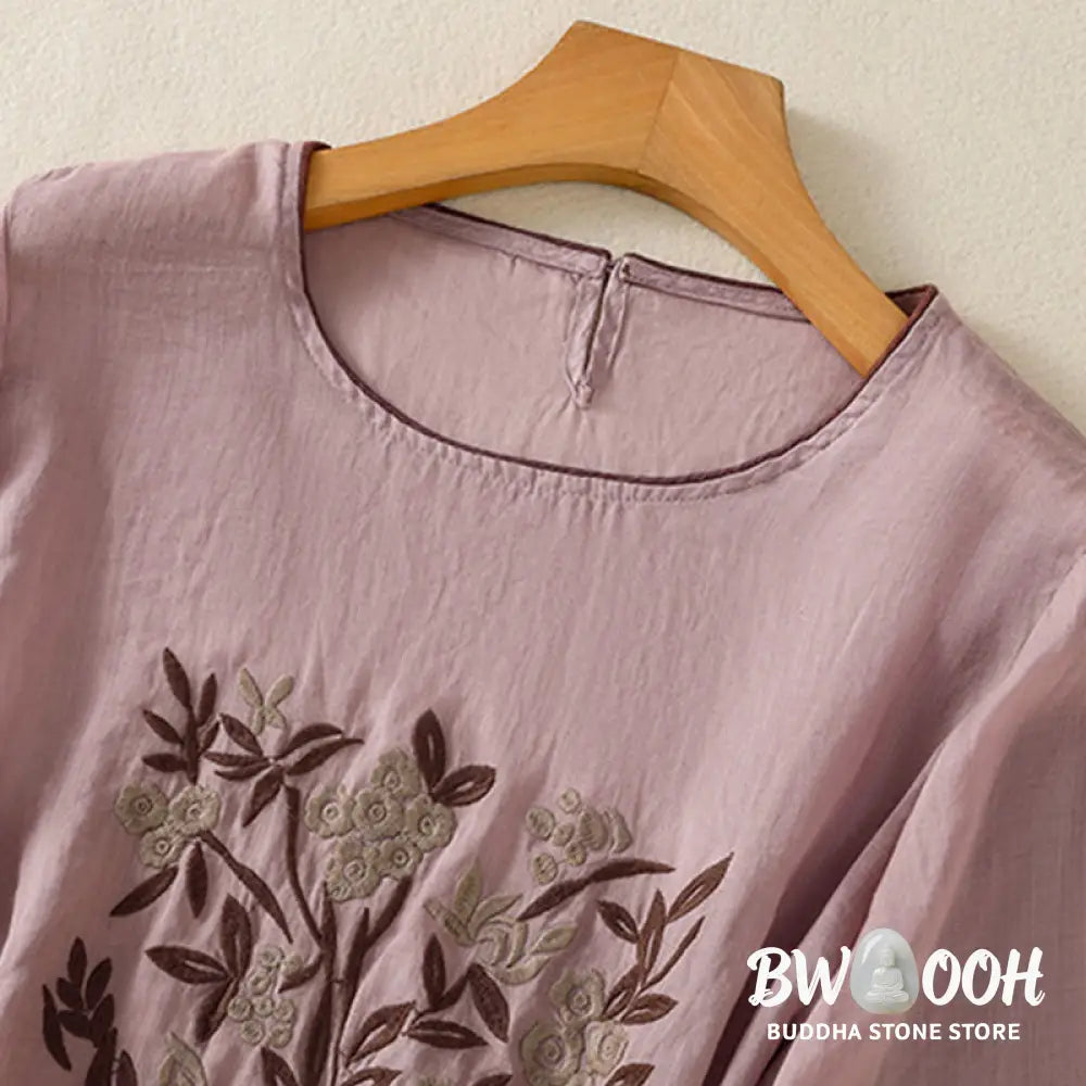 Buddha Stones Retro Embroidery Floral Three Quarter Sleeve Women’s Cotton T-Shirt - Women’s T-Shirts