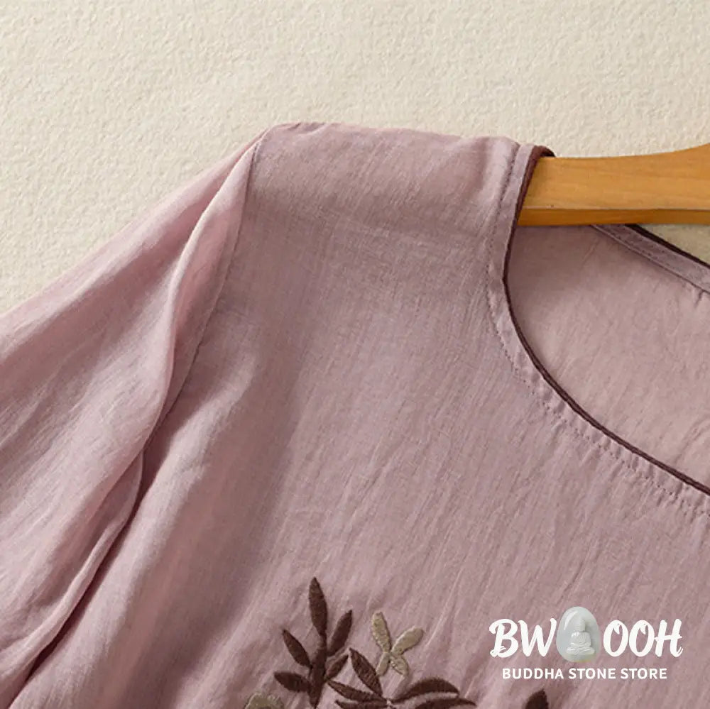 Buddha Stones Retro Embroidery Floral Three Quarter Sleeve Women’s Cotton T-Shirt - Women’s T-Shirts