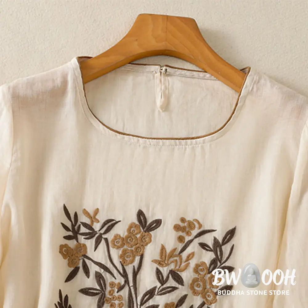 Buddha Stones Retro Embroidery Floral Three Quarter Sleeve Women’s Cotton T-Shirt - Women’s T-Shirts