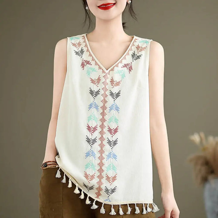 BWOOOH printed yoga pants - Retro Embroidery V-Neck Tassel Tank Top