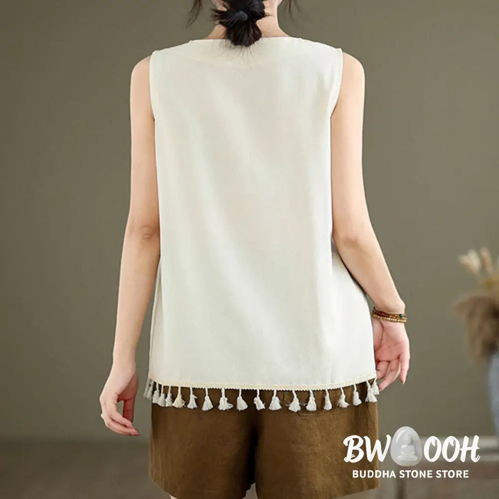 Buddha Stones Retro Embroidery V-Neck Tassel Tank Top - Women’s Tank Top
