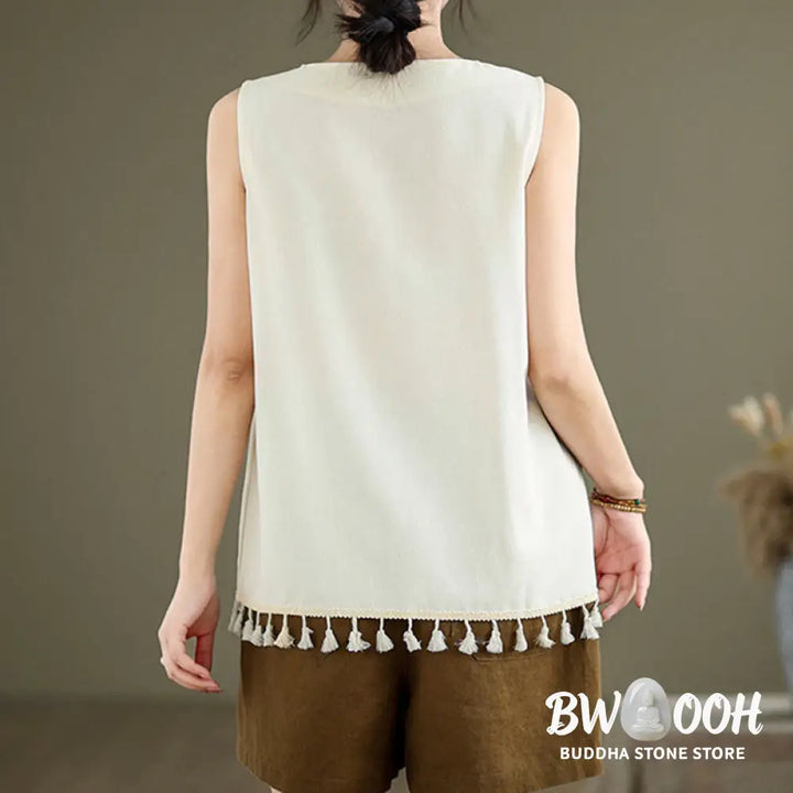 Buddha Stones Retro Embroidery V-Neck Tassel Tank Top - Women’s Tank Top