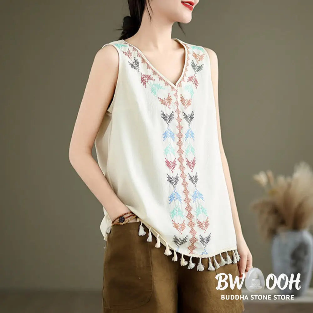 Buddha Stones Retro Embroidery V-Neck Tassel Tank Top - Women’s Tank Top