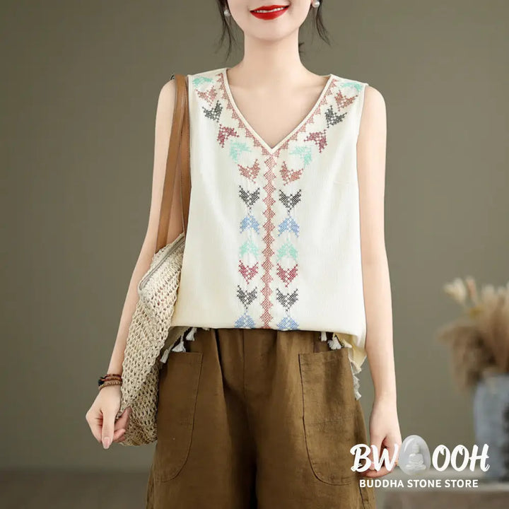 Buddha Stones Retro Embroidery V-Neck Tassel Tank Top - Women’s Tank Top
