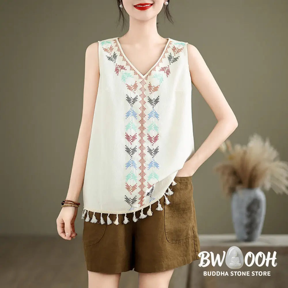 Buddha Stones Retro Embroidery V-Neck Tassel Tank Top - Women’s Tank Top