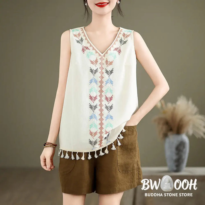Buddha Stones Retro Embroidery V-Neck Tassel Tank Top - Women’s Tank Top