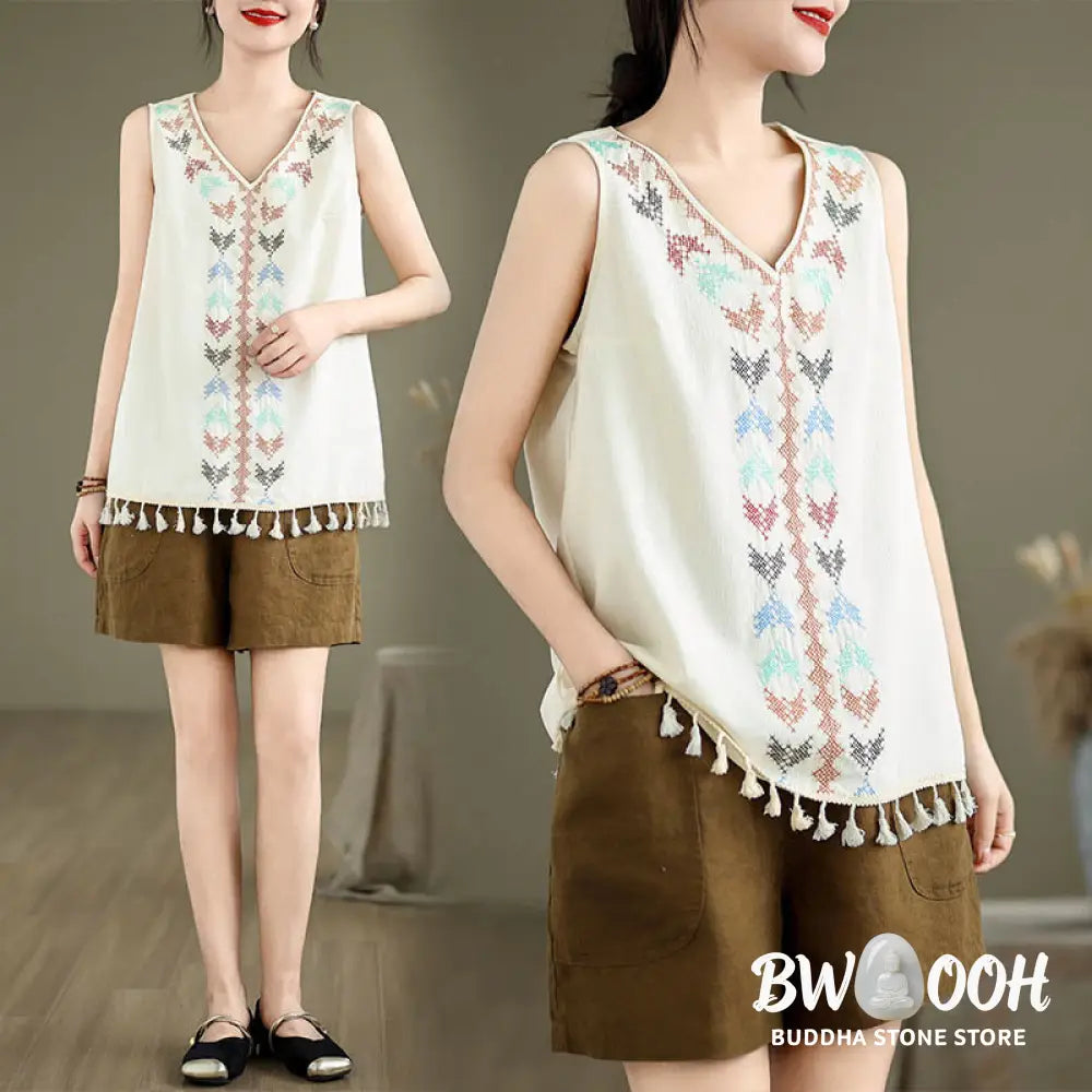 Buddha Stones Retro Embroidery V-Neck Tassel Tank Top - Women’s Tank Top