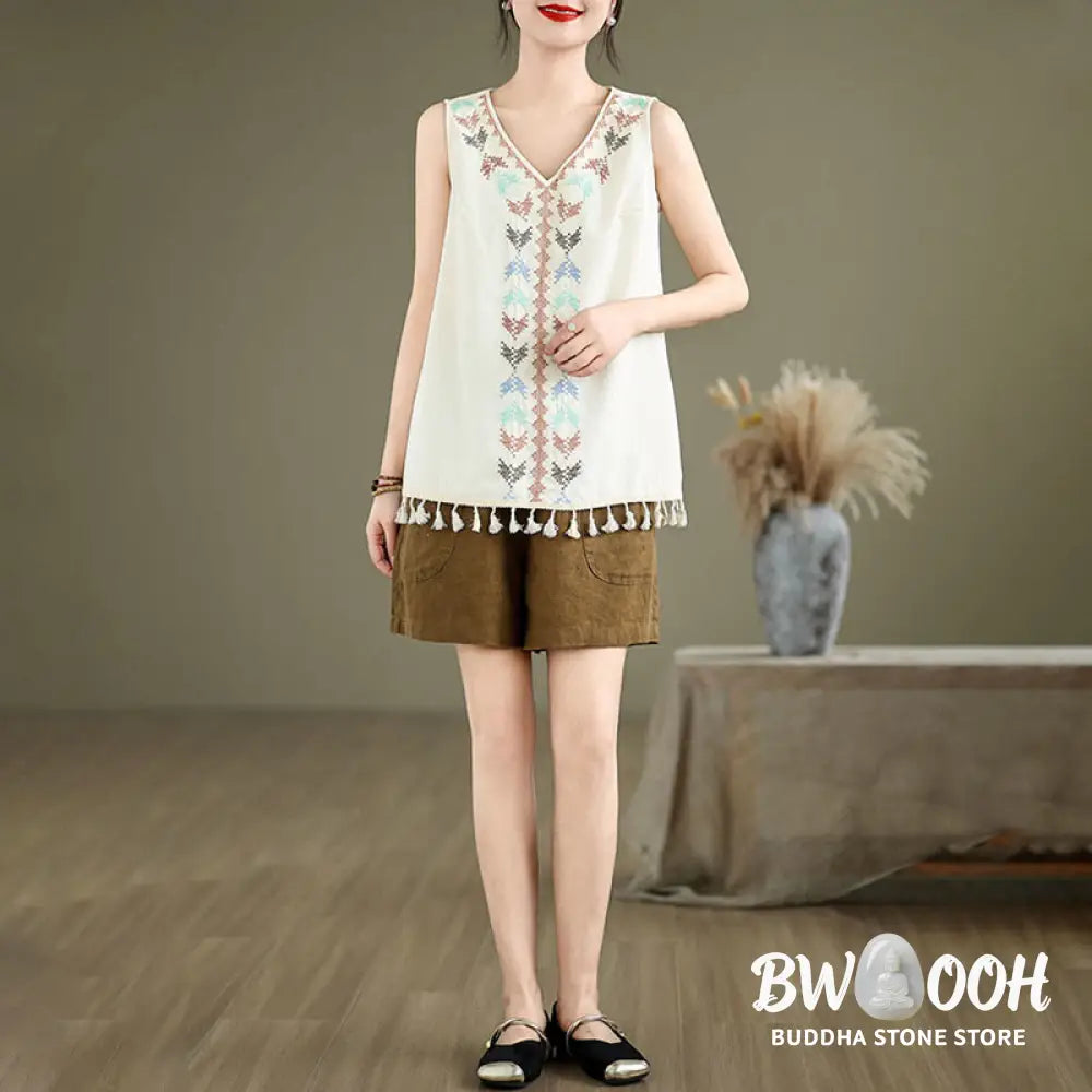 Buddha Stones Retro Embroidery V-Neck Tassel Tank Top - Women’s Tank Top