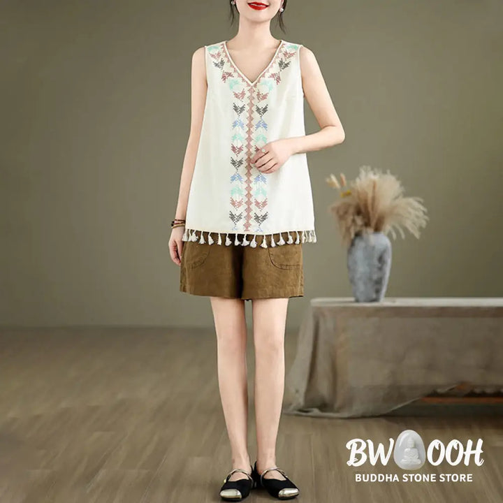 Buddha Stones Retro Embroidery V-Neck Tassel Tank Top - Women’s Tank Top