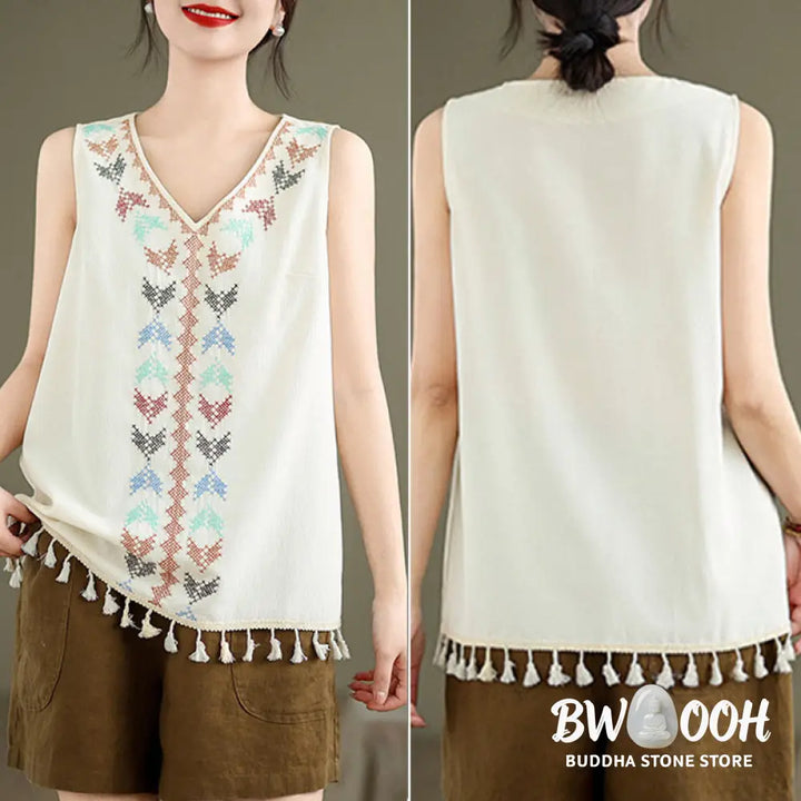 Buddha Stones Retro Embroidery V-Neck Tassel Tank Top - Women’s Tank Top