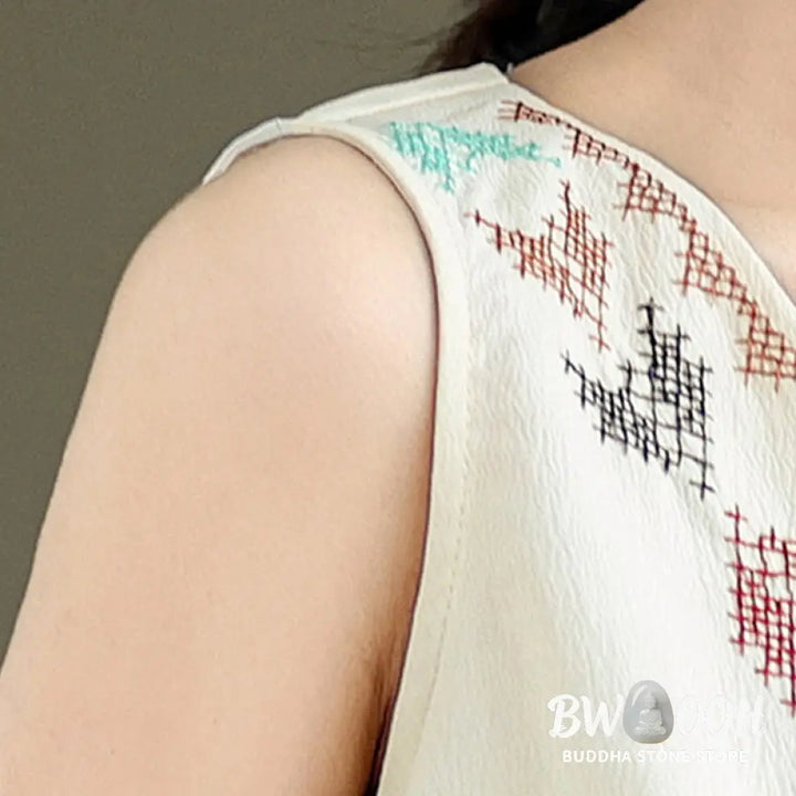 Buddha Stones Retro Embroidery V-Neck Tassel Tank Top - Women’s Tank Top