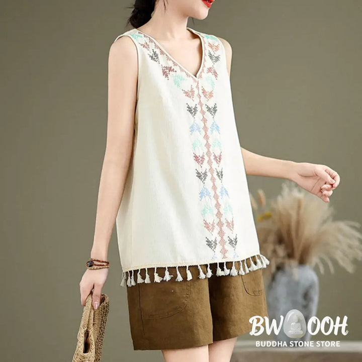 Buddha Stones Retro Embroidery V-Neck Tassel Tank Top - Women’s Tank Top