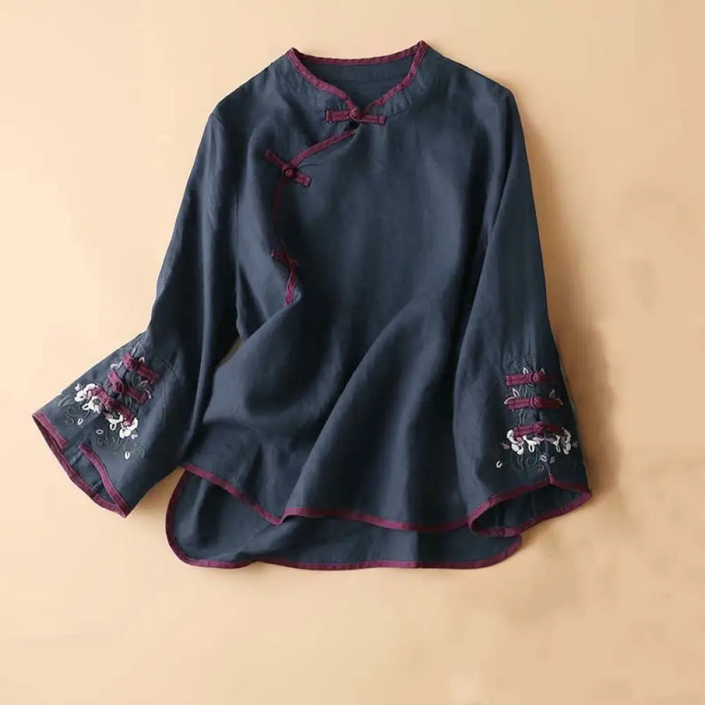 Buddha Stones Retro Flower Embroidery Design Long Sleeve Cotton Linen Women&