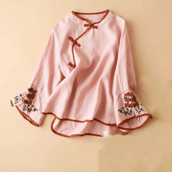 Buddha Stones Retro Flower Embroidery Design Long Sleeve Cotton Linen Women&