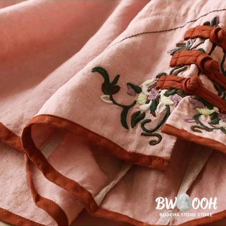 Buddha Stones Retro Flower Embroidery Design Long Sleeve Cotton Linen Women&