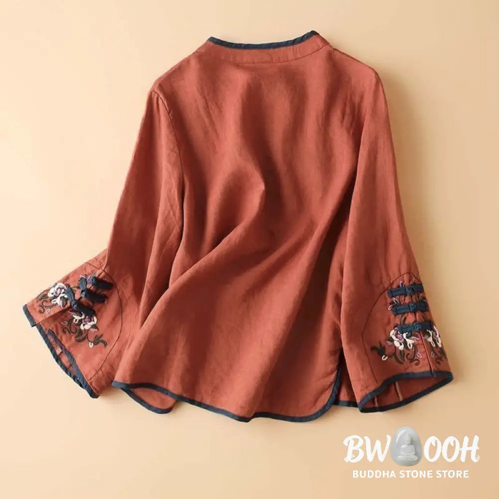 Buddha Stones Retro Flower Embroidery Design Long Sleeve Cotton Linen Women's Shirt - Women's Shirts