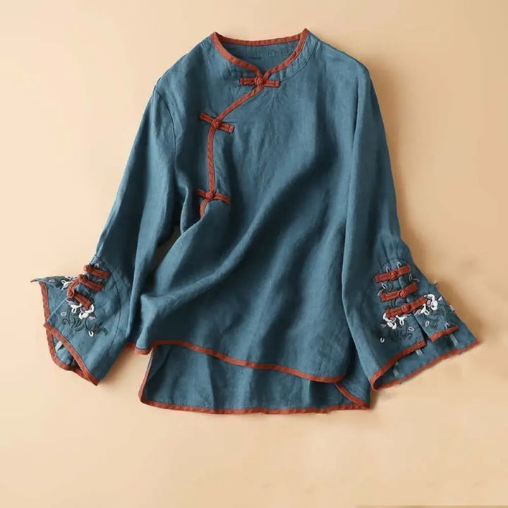 Buddha Stones Retro Flower Embroidery Design Long Sleeve Cotton Linen Women&