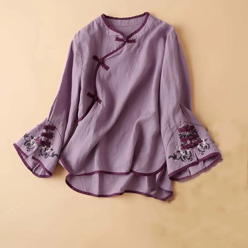 Buddha Stones Retro Flower Embroidery Design Long Sleeve Cotton Linen Women&