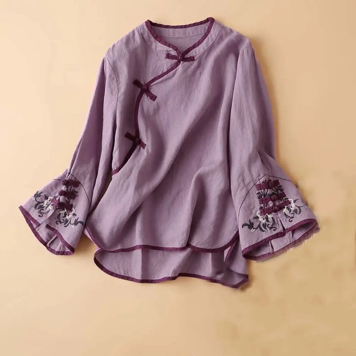 Buddha Stones Retro Flower Embroidery Design Long Sleeve Cotton Linen Women&
