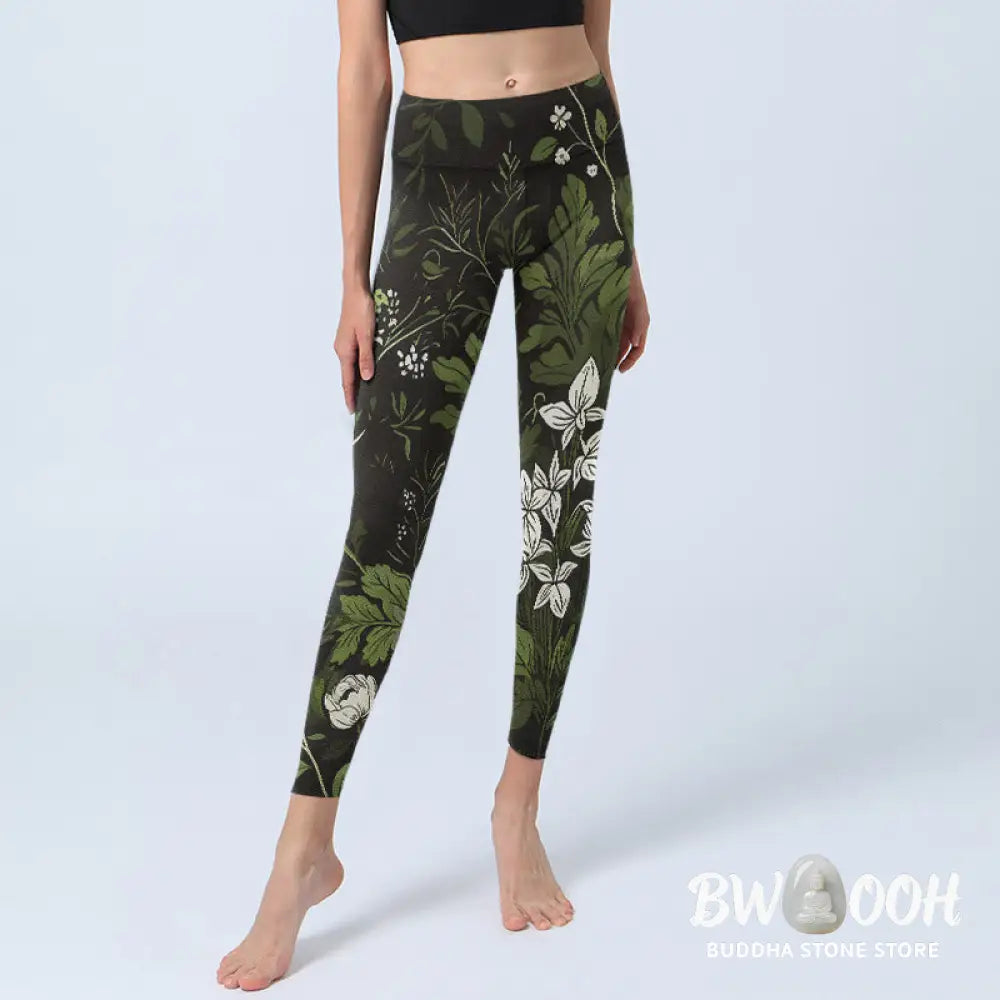 Buddha Stones Retro Flower Leaf Pattern Print Gym Leggings Women&