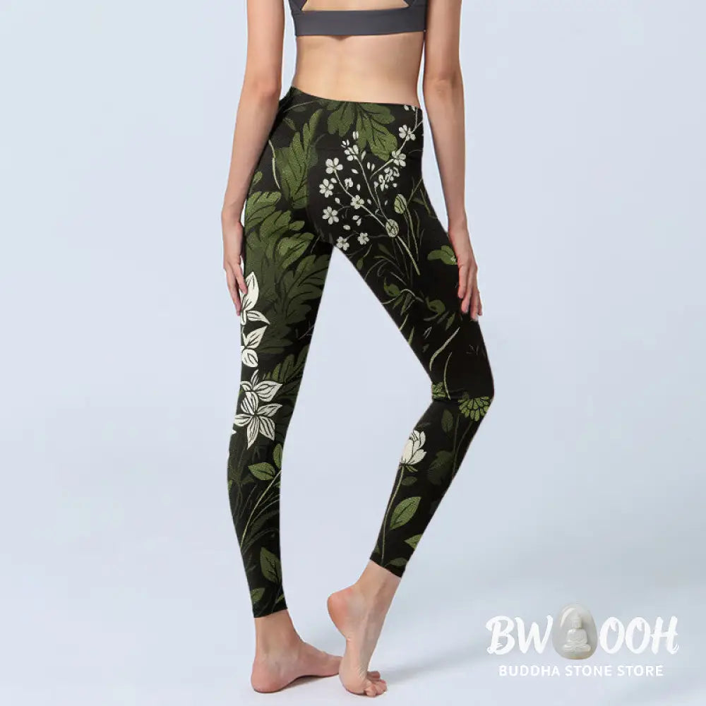 Buddha Stones Retro Flower Leaf Pattern Print Gym Leggings Women&