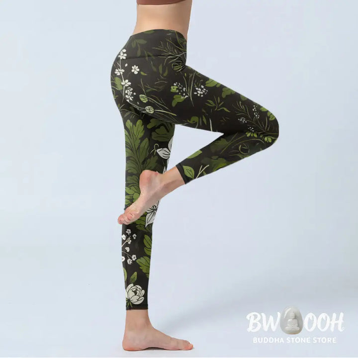 Buddha Stones Retro Flower Leaf Pattern Print Gym Leggings Women&