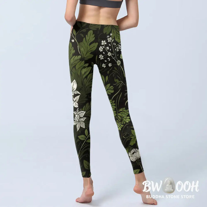 Buddha Stones Retro Flower Leaf Pattern Print Gym Leggings Women&