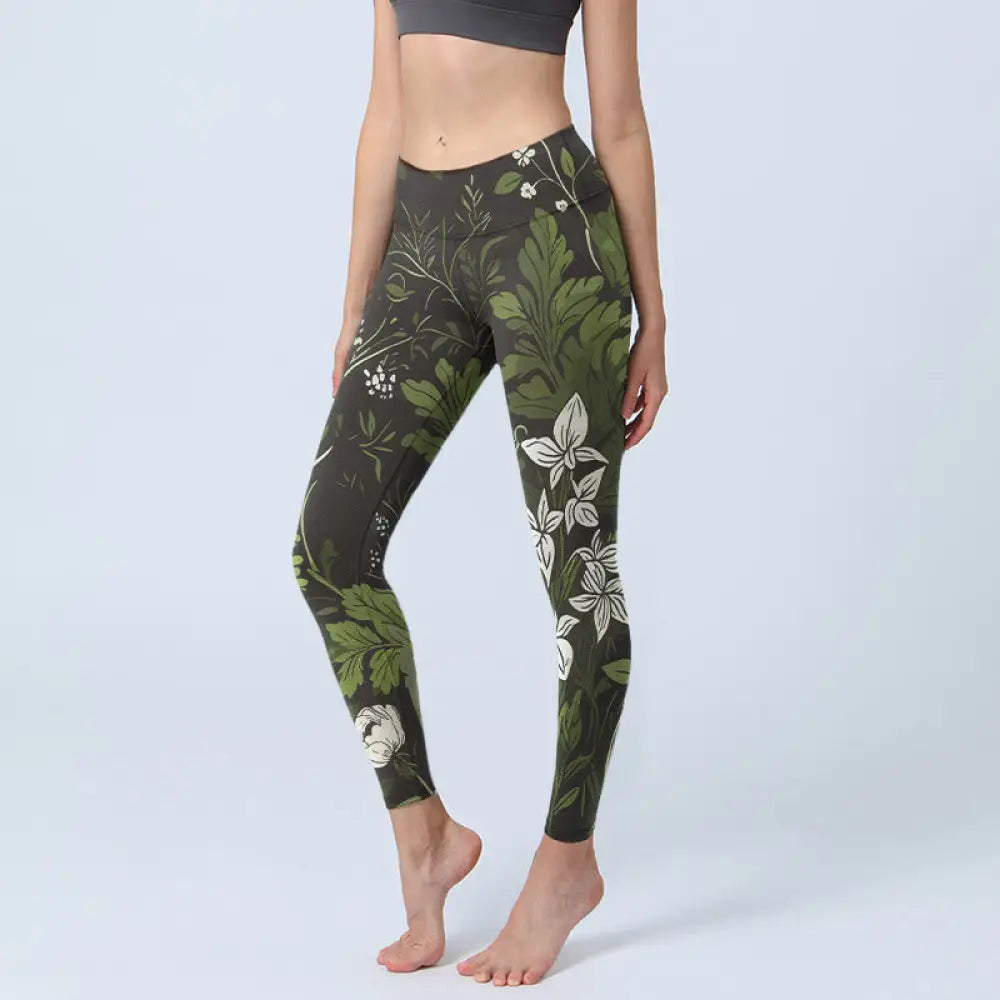 BWOOOH printed yoga leggings - Retro Flower Leaf Pattern Print Gym Legg