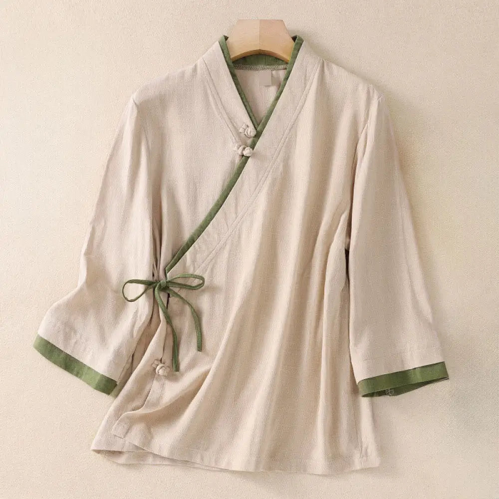 Buddha Stones Retro Lace-up Frog-Button Design Women’s Three Quarter Sleeve Cotton Linen Shirt - PapayaWhip