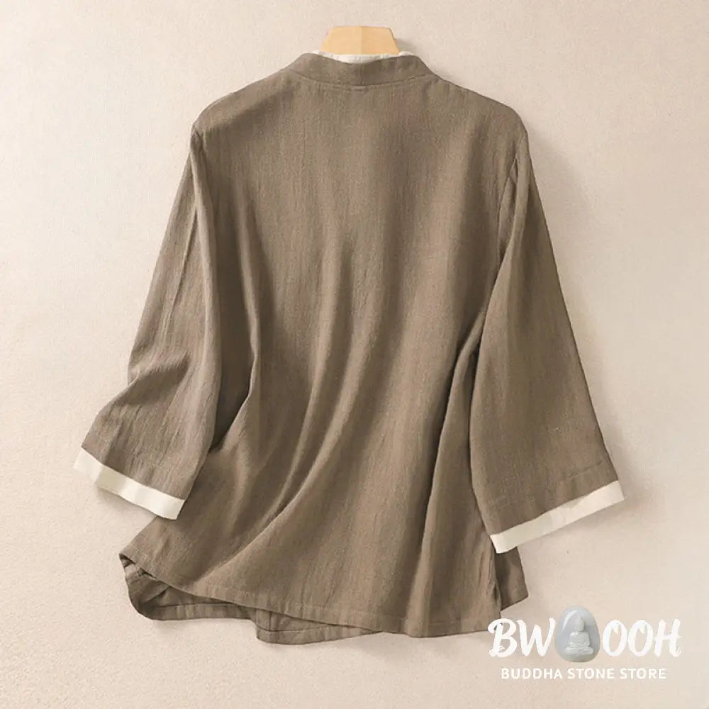 Buddha Stones Retro Lace-up Frog-Button Design Women’s Three Quarter Sleeve Cotton Linen Shirt - Women’s Shirts